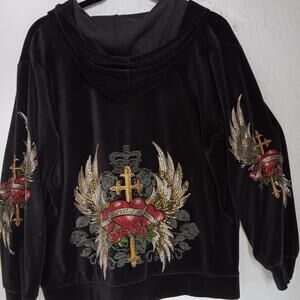 Vintage Y2K Bus Stop BlackVelour Jacket 2X Gothic Angel Wings Cross Heart Graphc